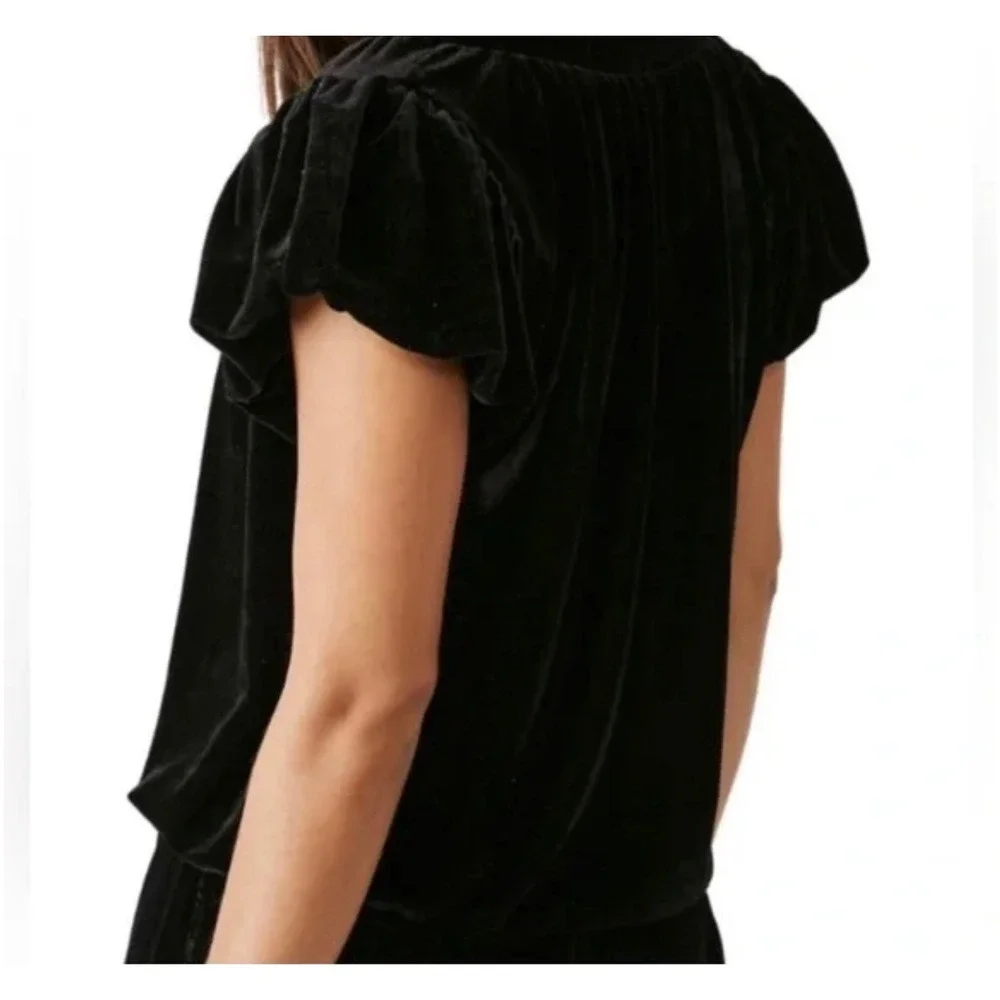 Free People Velvet Top Size L Black Smocked Puff Sleeve‎ Tie Neck Boho